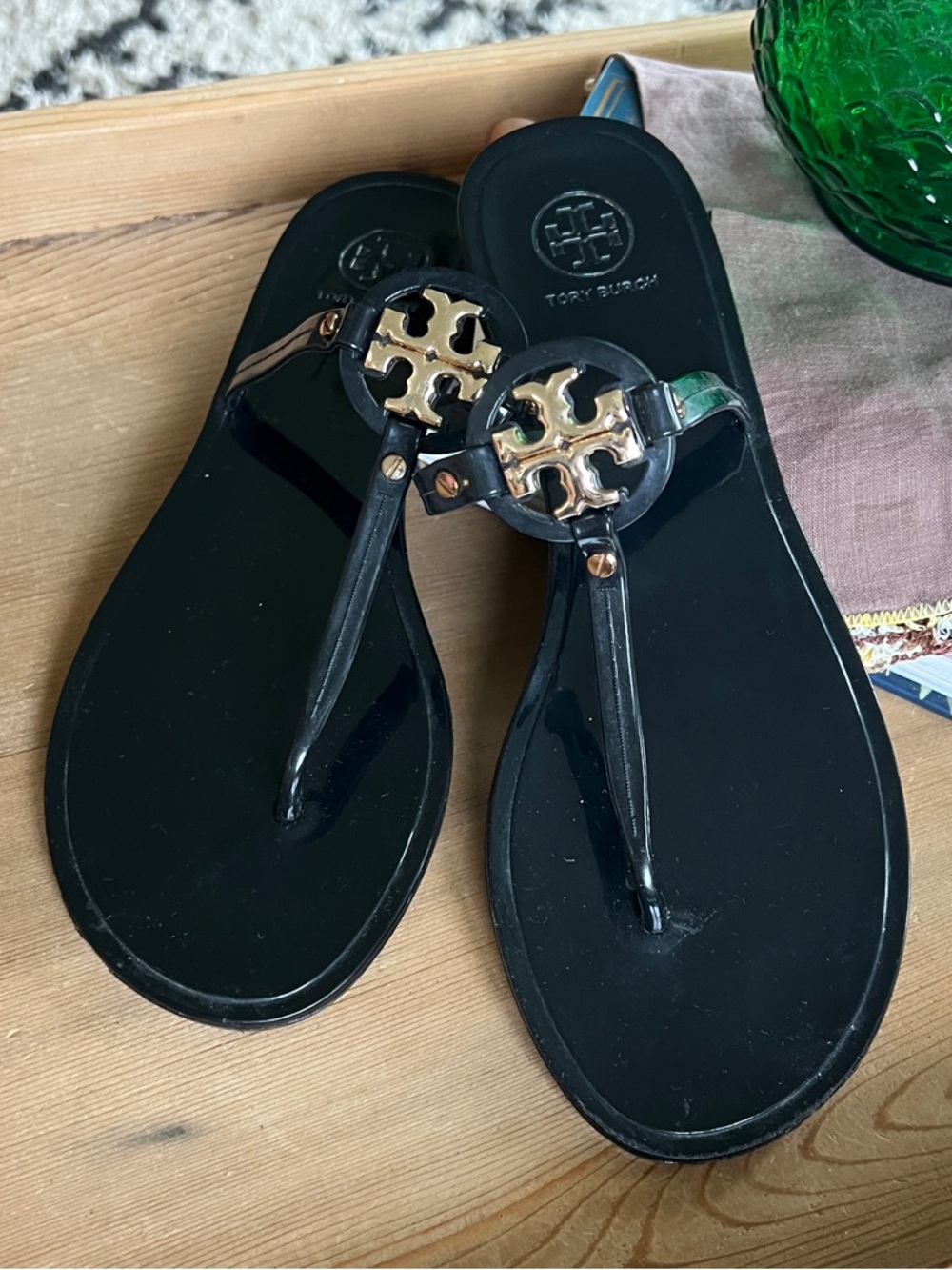 Tory Burch Black Jelly Shiny Patent Sandals with Gold Logo Medallions 10